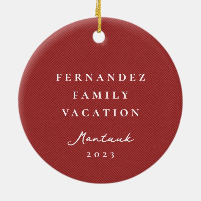 Classic simple red herringbone personalized photo ceramic ornament (Back)
