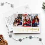 Classic Simple Three Photo Merry Christmas Gold Foil Holiday Postcard<br><div class="desc">Celebrate the season with this unique, classic simple three photo Merry Christmas gold foil holiday postcard featuring a touch of vintage charm. The minimalist design showcases an elegant gold colour palette, evoking the cozy spirit of winter. Its modern appeal, paired with the traditional wording, creates a perfect balance between luxury...</div>