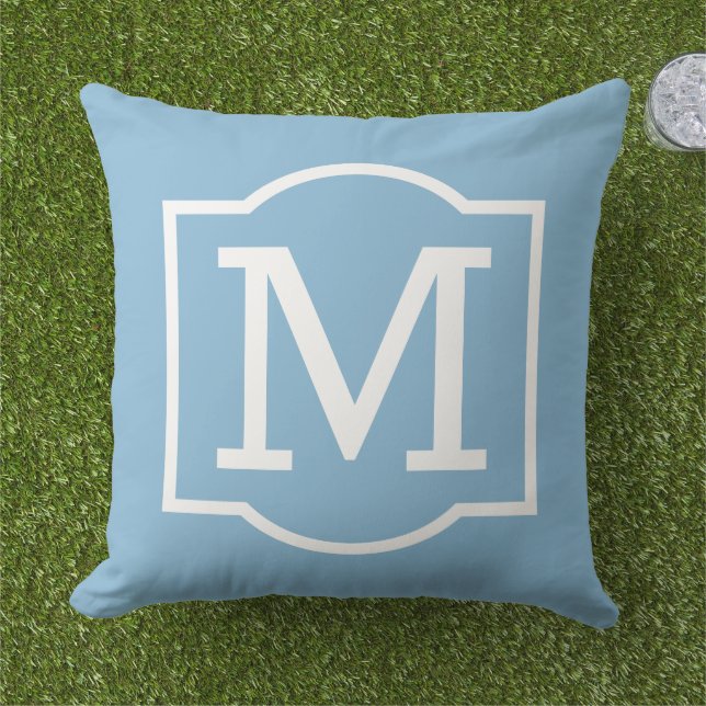 Classic Sky Blue Custom Monogram Letter Outdoor Pillow (Grass)
