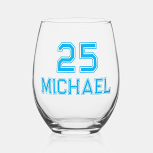 Classic Sky Blue Name Number All Caps Team Sport Stemless Wine Glass