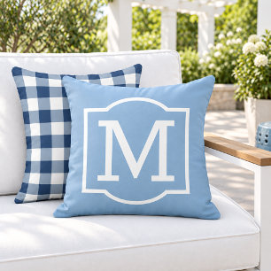 Classic Sky Blue White Bracket Monogram Outdoor Pillow