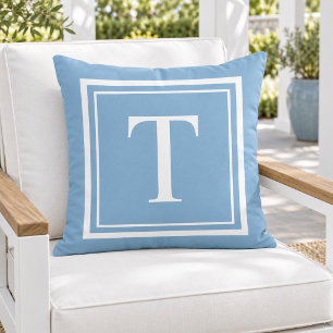 Classic Sky Blue White Square Frame Monogram Outdoor Pillow
