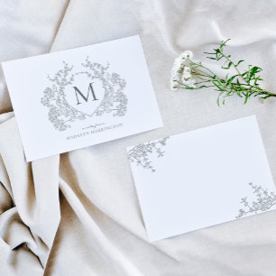 Classic Slate Grey Floral Crest Monogram Card