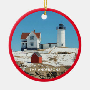 Classic Snow Covered Nubble Lighthouse Ceramic Ornament
