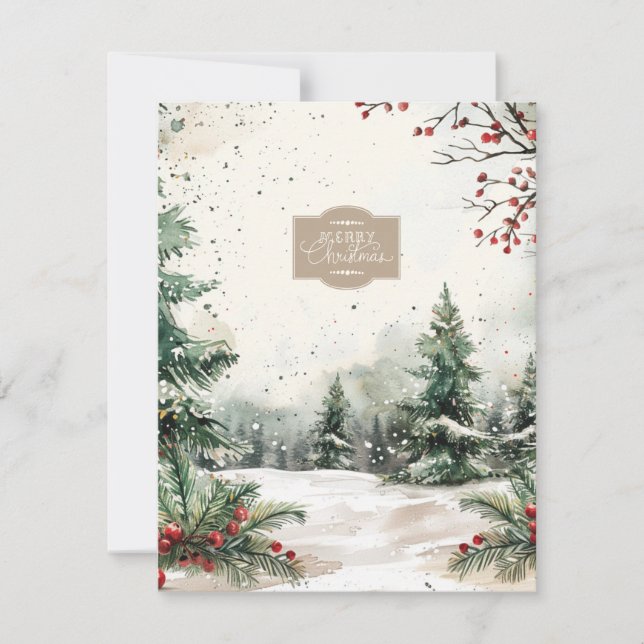Classic Snow Pine Trees and Red Berries Christmas  Holiday Card (Front)