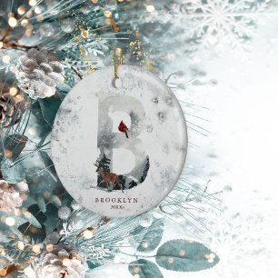 Classic Snowy Christmas Winter Scene Monogram B Ceramic Ornament