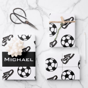 Classic Soccer Shoe & Ball Custom Boys Name Sports Wrapping Paper Sheet