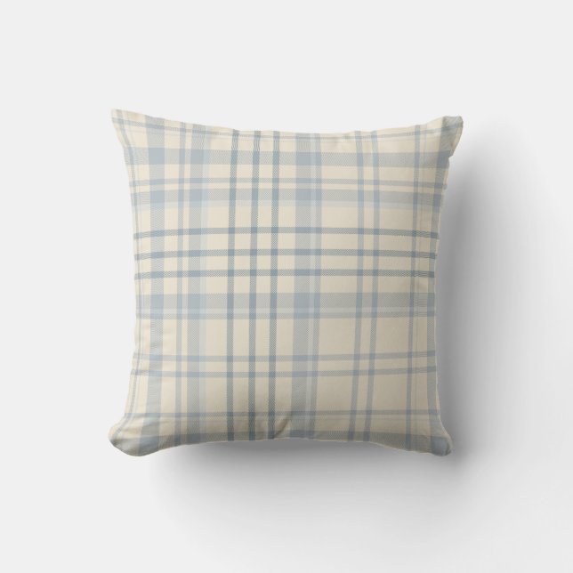Classic Soft Blue & Beige Plaid Throw Pillow (Front)