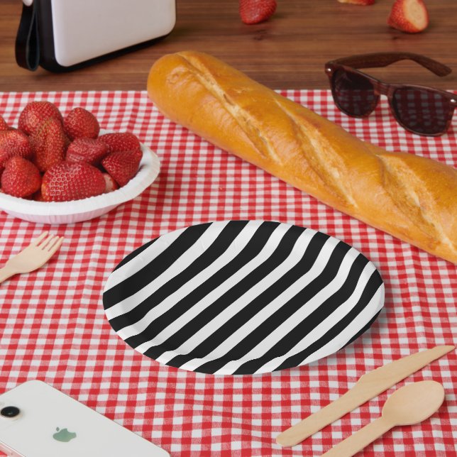 Classic Solid White and Black Striped 7" Round Paper Plate (Picnic)