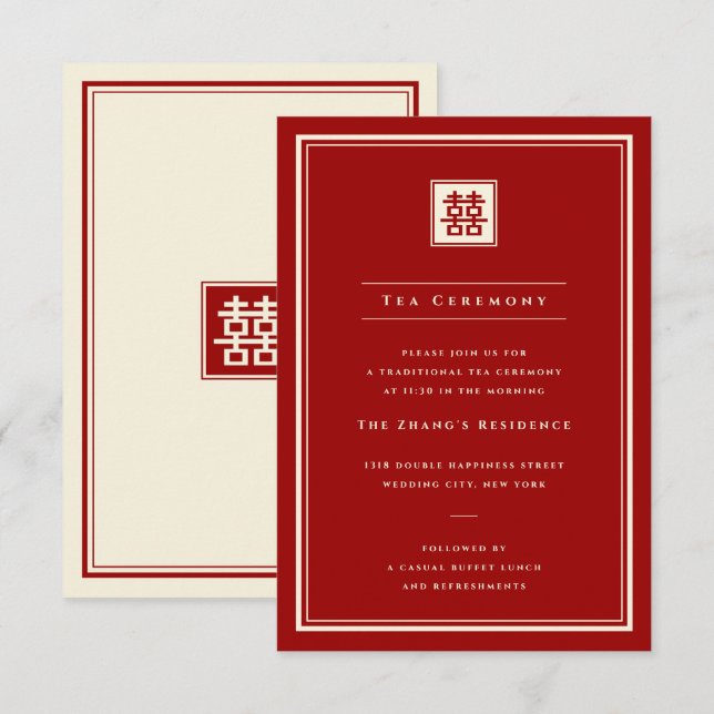 Classic Square Double Happiness 囍 Tea Ceremony Invitation (Front/Back)