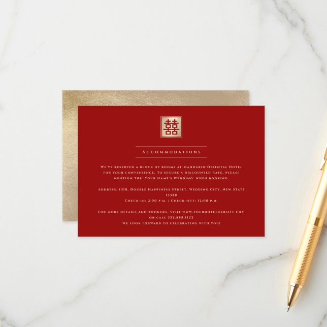 Classic Square Double Happiness Chinese Wedding Enclosure Card (Front/Back In Situ)