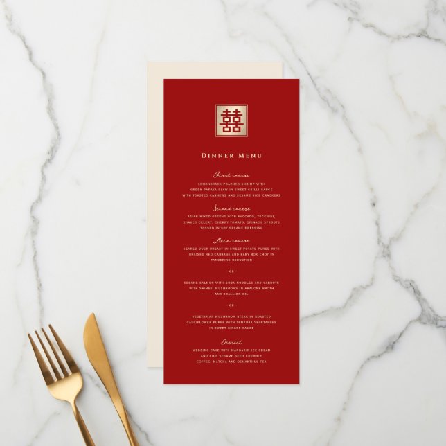 Classic Square Double Happiness Chinese Wedding Menu (Front/Back In Situ)