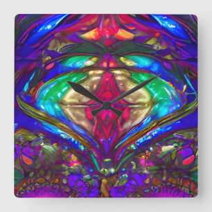 Classic Stained Glass Pattern in Blue, Green, Red Square Wall Clock