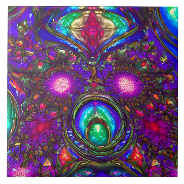 Classic Stained Glass Pattern in Blue, Green, Red Tile (Front)