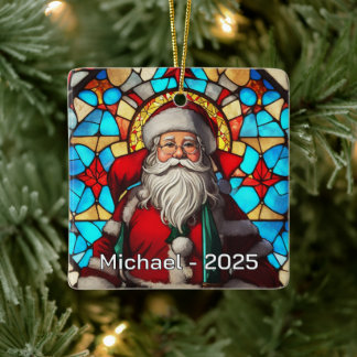 Classic Stained Glass Santa Ceramic Ornament