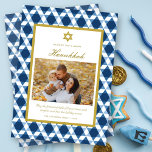 Classic Star Of David Pattern Frame Hanukkah Photo Holiday Card<br><div class="desc">A modern dark blue star of david geometric pattern frames this one photo contemporary Hanukkah holiday card. A simple gold star of david symbol sits above festive greetings in classic script within an inner thin gold border on a white background. The back of the card features the same geometric pattern...</div>