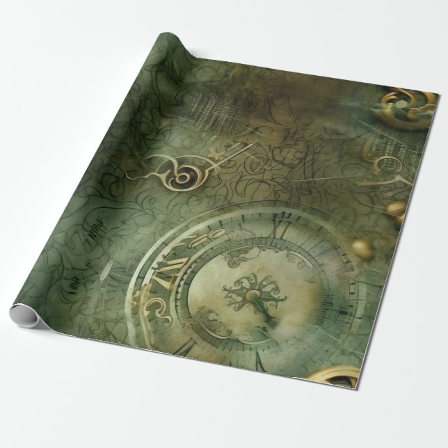 Classic Steampunk Clockwork Emerald Green Wrapping Paper (Unrolled)
