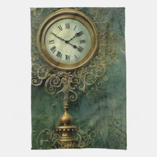 Classic Steampunk Clockwork with Emerald Rustic Kitchen Towel