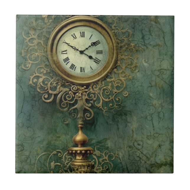 Classic Steampunk Clockwork with Emerald Rustic Tile (Front)