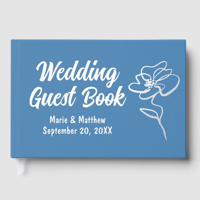 Classic Steel Blue Floral Sketch Foil Guestbook (Front)