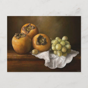 Classic still life with persimmons and grape art postcard