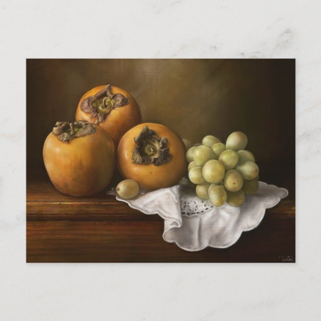 Classic still life with persimmons and grape art postcard (Front)
