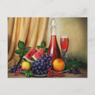 Classic still life with wine and fruits painting postcard