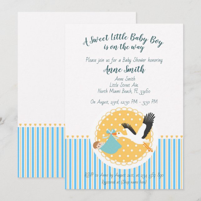 Classic Stork Baby boy Shower Invitation (Front/Back)