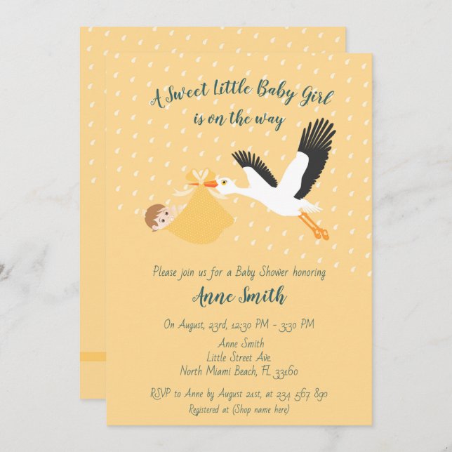 Classic Stork Baby girl Shower Invitation (Front/Back)