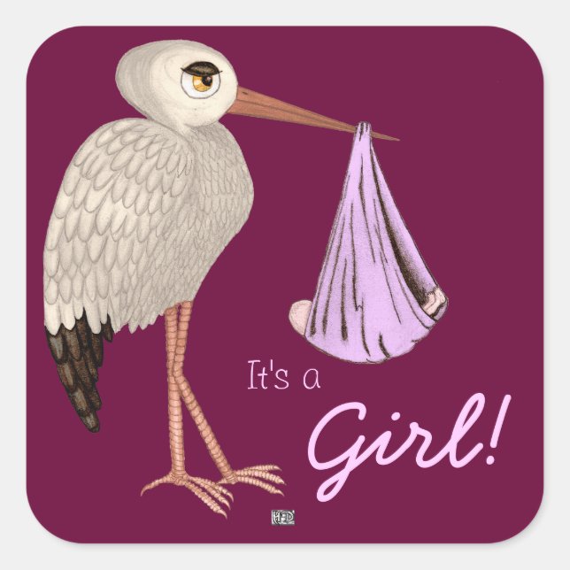 Classic Stork (Pink) (Baby Shower) Square Sticker (Front)