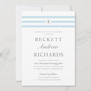 Classic Stripe Blue Boys Baptism Invitation
