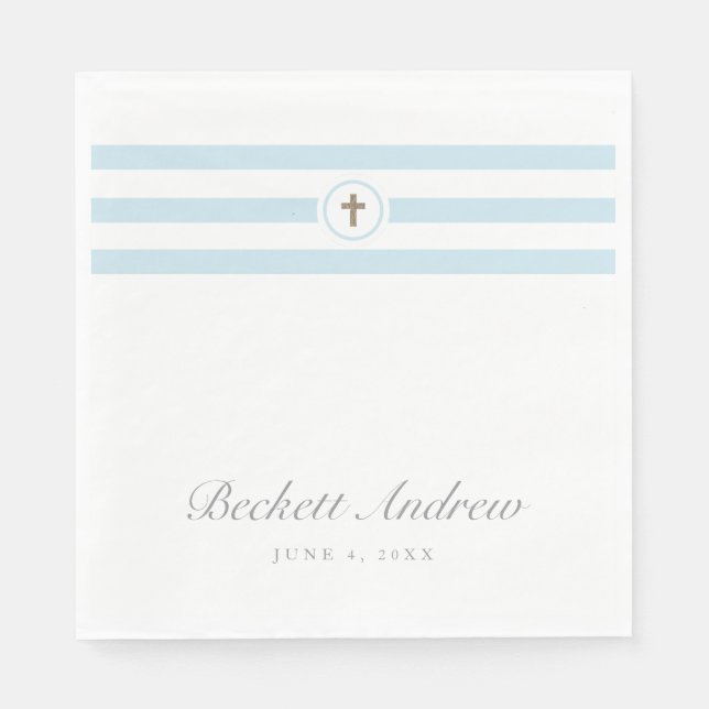Classic Stripe Gold Cross Blue Boys Baptism  Napkin (Front)