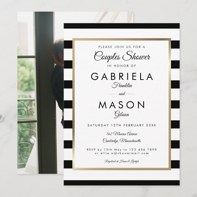 Classic Stripe Photo Wedding Couples Shower Invitation (Front/Back)
