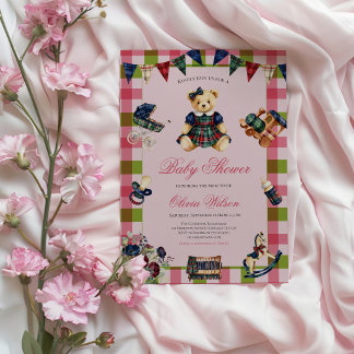Classic Stripe Plaid Teddy Bear Girl Baby Shower Invitation