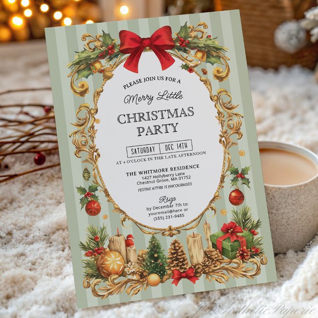 Classic Stripe Red Bow Christmas Party Invitation (Creator Uploaded)