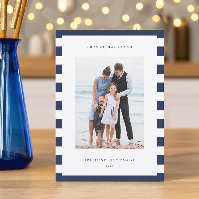 Classic Stripe | Vertical Photo Hanukkah Holiday Card (Creator Uploaded)