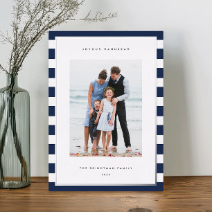 Classic Stripe   Vertical Photo Hanukkah Silver Foil Holiday Card