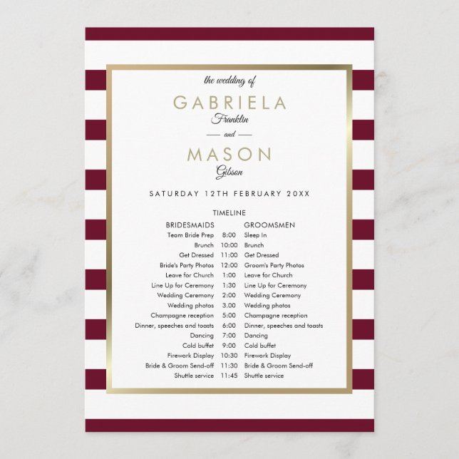 Classic Stripe Wedding Schedule Timeline Program (Front)