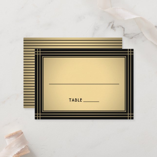 Classic Striped Border Black & Gold Large Escort / Place Card (Front/Back In Situ)