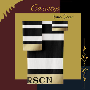 Classic Stripes Black, White, Gold  Personalized  Bath Towel Set