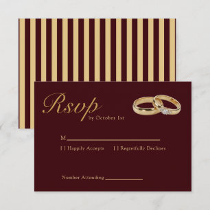 Classic Stripes Luxury Burgundy Gold Ring Wedding  RSVP Card