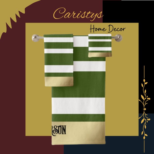 Classic Stripes, Olive, White, Gold  Personalized Bath Towel Set (Creator Uploaded)