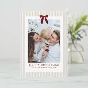 Classic Stripes Red Bow Frame Christmas Photo  Holiday Card