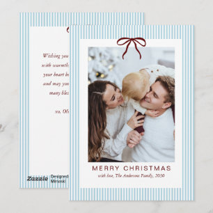 Classic Stripes Red Bow Merry Christmas Photo  Holiday Card