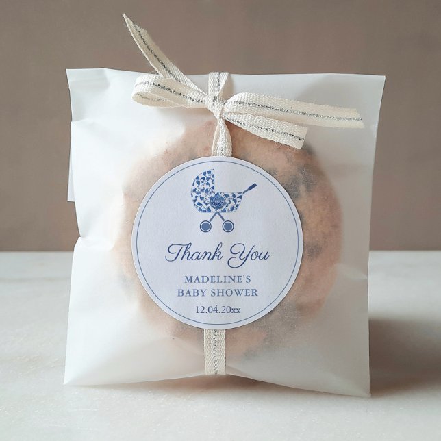 Classic Stroller Blue White Baby Shower Favour Classic Round Sticker (Blue And White Chinoiserie Pattern Classic Buggy Baby Shower Favor Sticker)