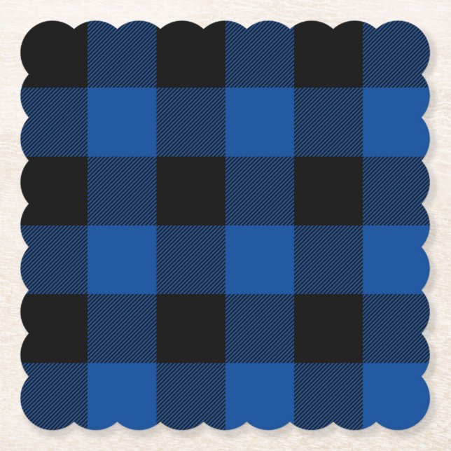 Classic Style Blue and Black Buffalo Plaid Paper Coaster (Front)