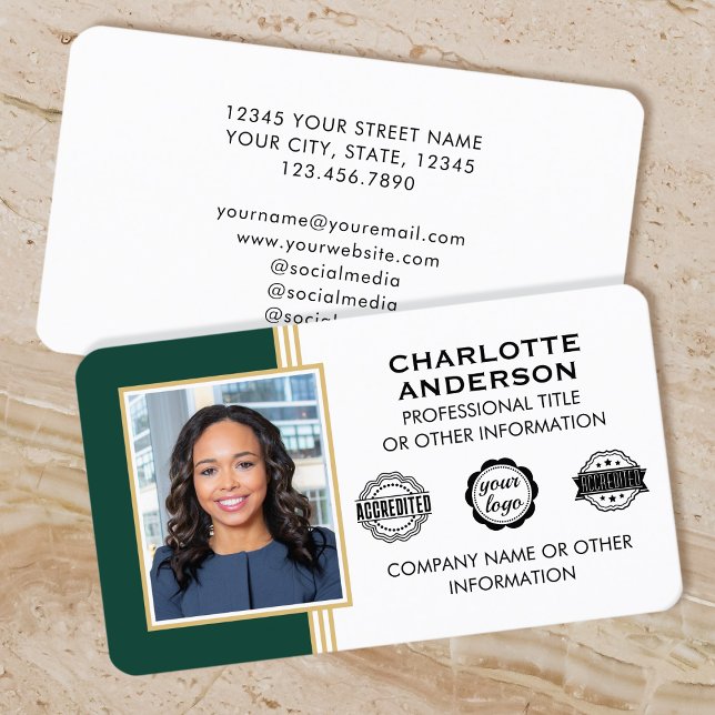 Classic Style Custom ID Photo Green Gold Business Card (Creator Uploaded)