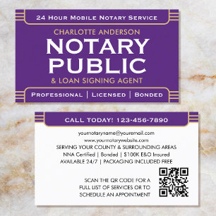 Classic Style Mobile Notary Public ID Purple Gold Business Card