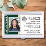 Classic Style Notary Public ID Green Gold Business Business Card Holder<br><div class="desc">Create a professional look with this classic Notary Public Business Card Case. This stylish template is personalized with your ID photo, name, details, and accreditation logo. Perfect for a Notary Public, Loan Signing Agent, Certified Notary Trust Delivery Agent, CNTDA, Mobile Notary, Apostille or other legal profession. Printed colours: very dark...</div>
