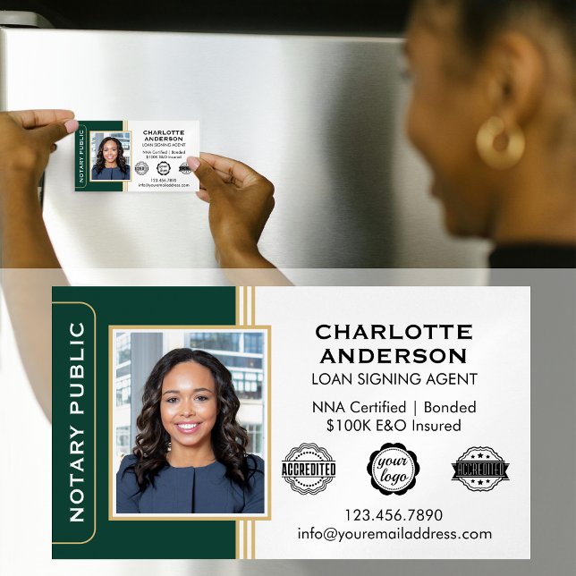 Classic Style Notary Signing Agent ID Green Gold Magnetic Business Card (Creator Uploaded)